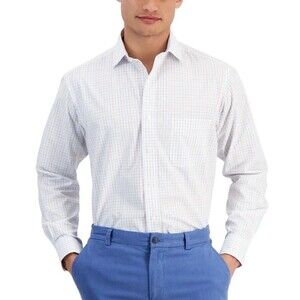 Club Room Men's Regular Fit Letto Plaid Dress Shirt White Orange Aqua 17.5/36-37